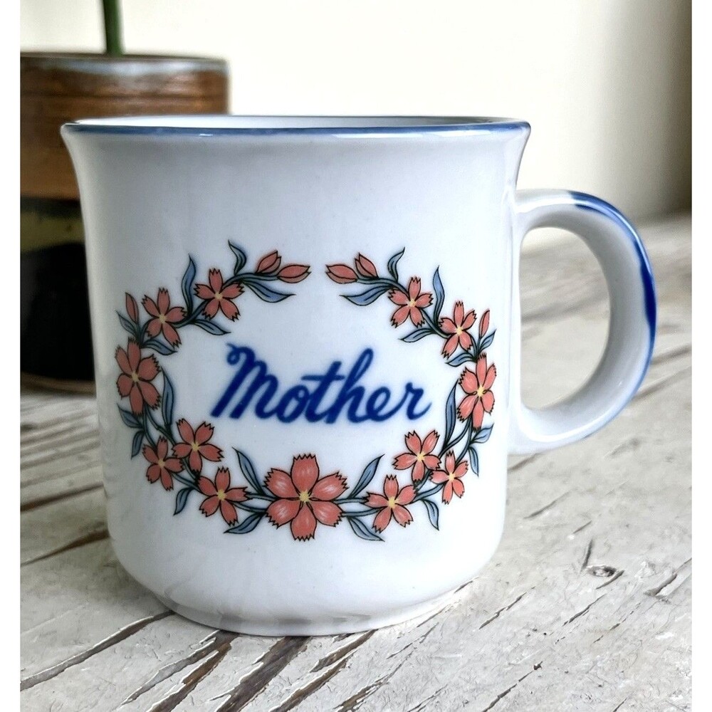 Vintage Rare Floral Mother Blue White Pink Coffee Tea Mug Cup / Korea / Retro